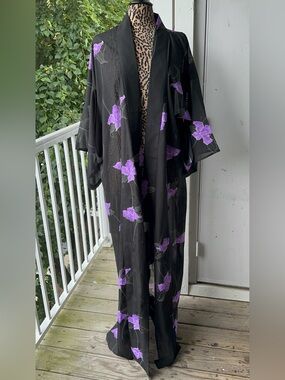 Black Sheer Floral Kimono Robe with Purple Flowers